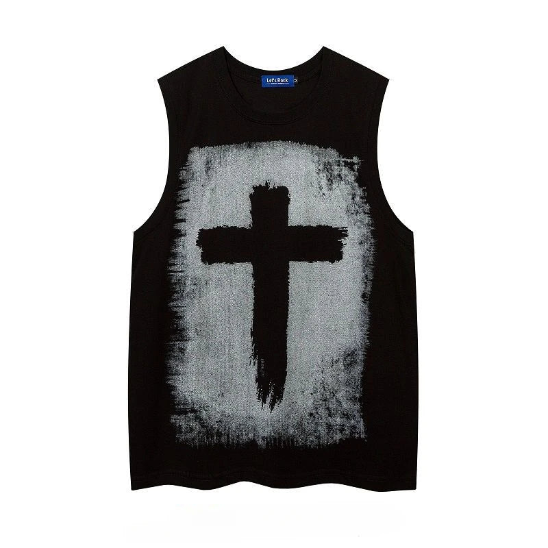 Men's Summer O-neck Sleeveless Short Sleeved Gothic Cross Printed Vests Trendy High Street American Retro Loose Casual Tank Tops