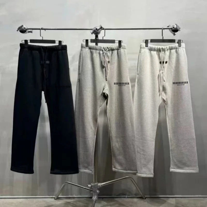Fashion Double Line Matching Set Men's Drawstring Pants Luxury Design Plush Letter Pants High Street Couple Oversized Pants Set