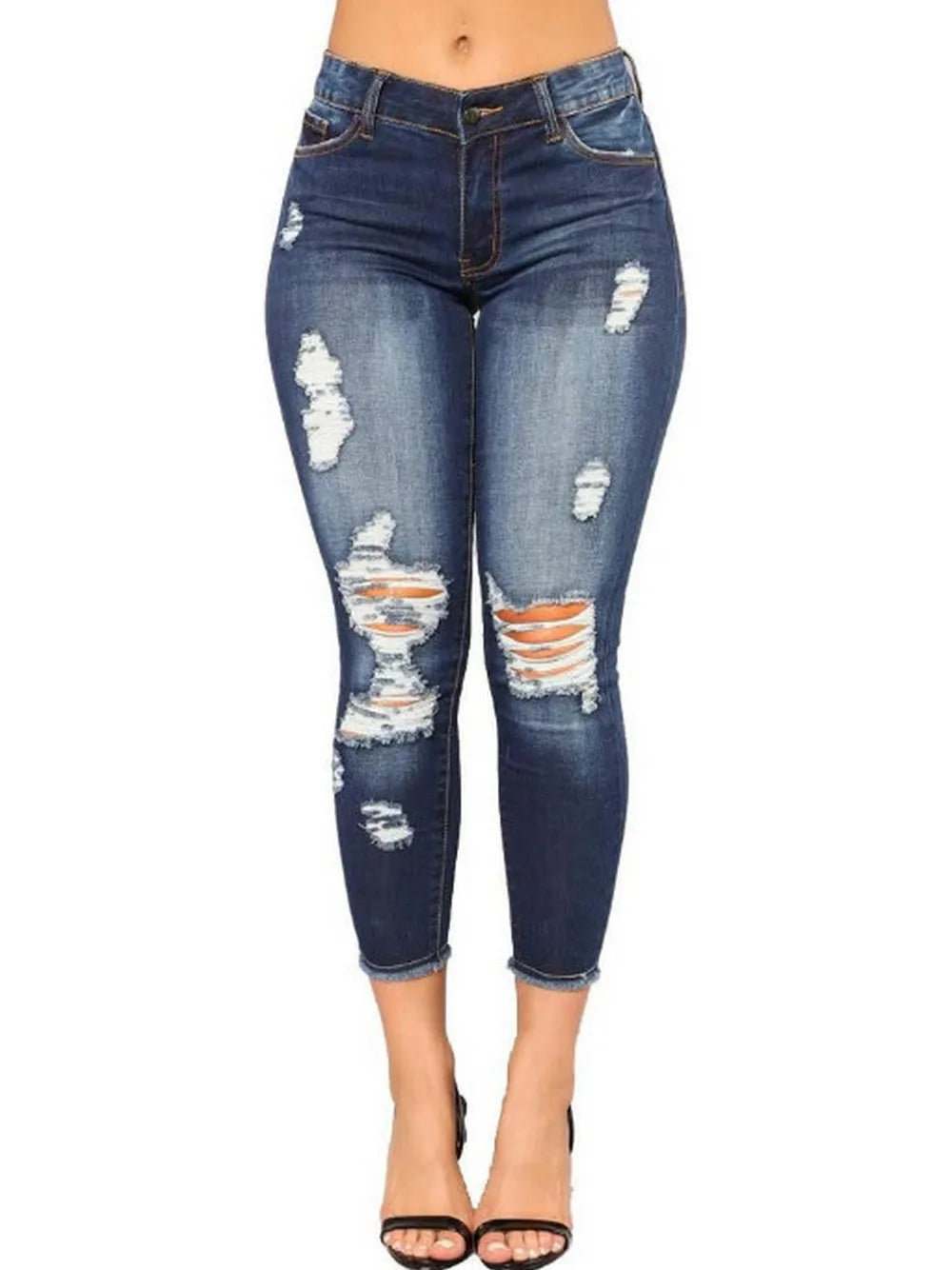 Womens Capri Jeans Cropped Skinny Ripped Jeans Pants Stretch Distressed Destroyed Denim Pants Ankle