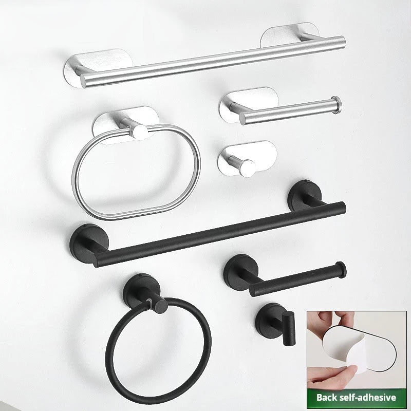 4pcs Bathroom Punch-free Towel Bar Set Stainless Steel Bathroom Hardware Wall-mounted Towel Rack Hook Tissue Holder