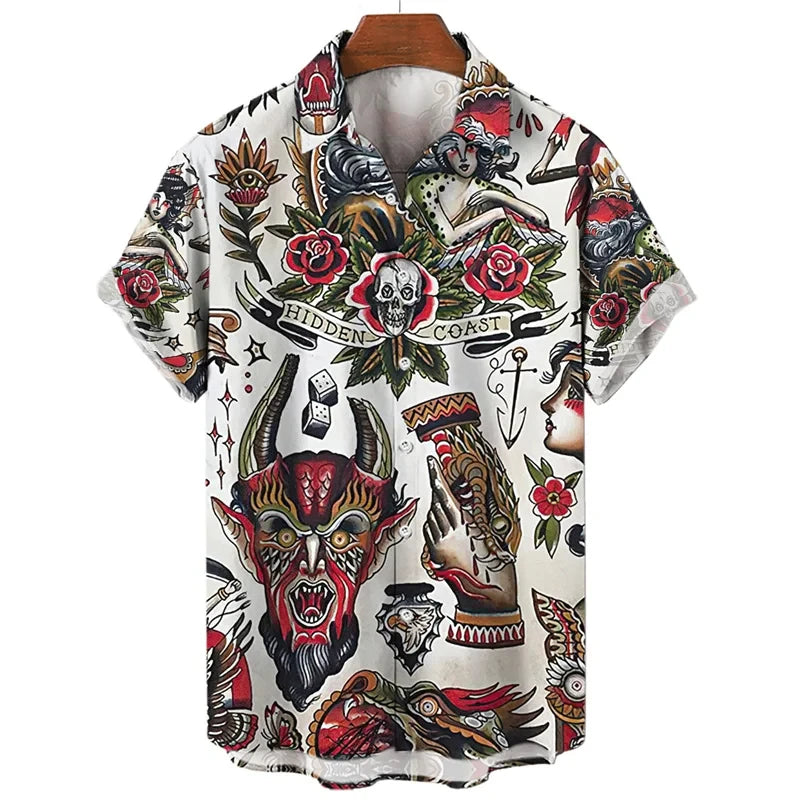 3D retro digital printed men's lapel short sleeved shirt