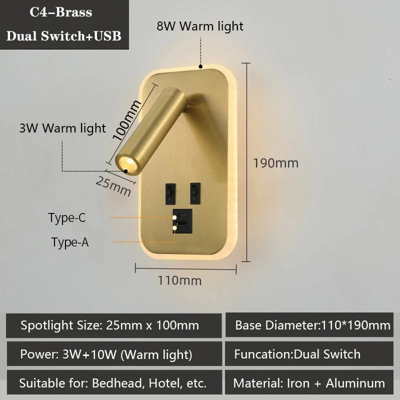 Modern Versatile LED Wall Sconce Lamp with Dual USB Ports Adjustable Side Reading Lights Modern Bedrooms Bedside Lamp
