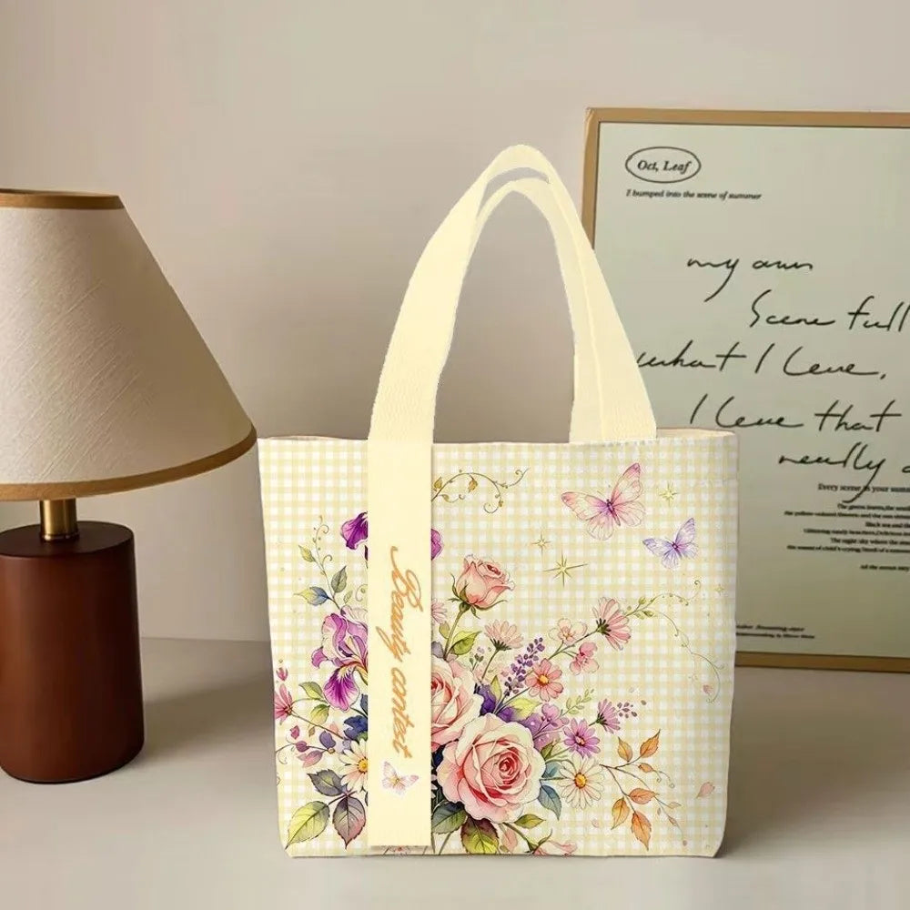 Portable Floral Canvas Tote Bag Large Capacity Reusable Commute Handbag Lightweight Shopping Bag For Work