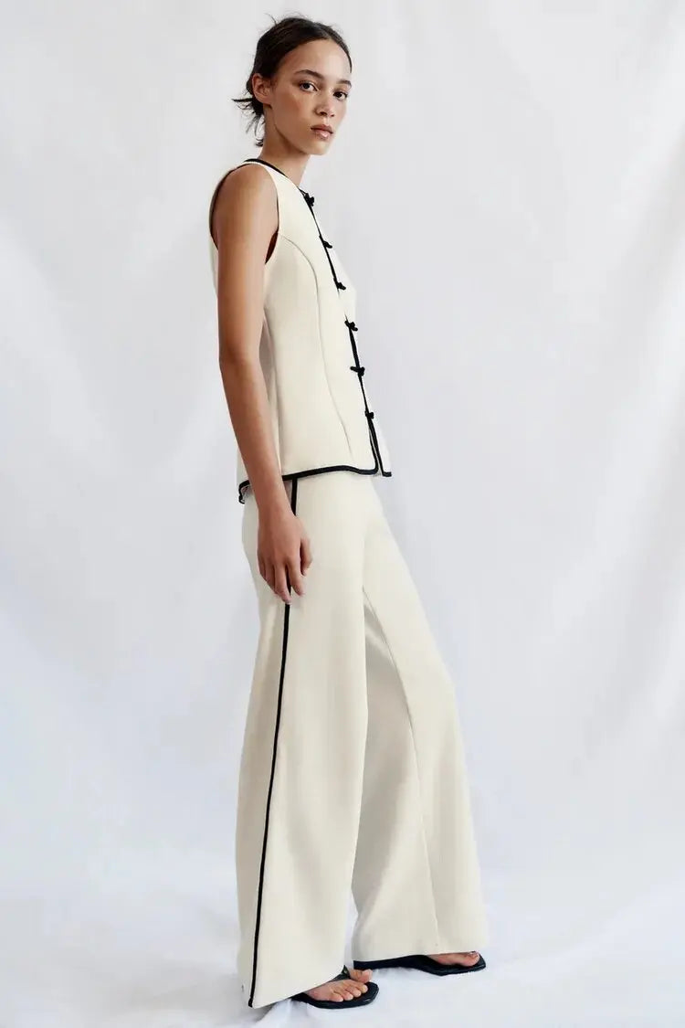 No-Sleeve round Neck Rope Knot Top with Wide Leg Pants Straight Cut Color Block Design Women's Fashion Set Autumn Collection