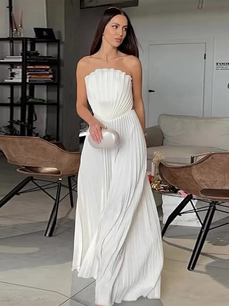Elegant Solid Pleated Off Shoulder Long Dresses for Women Chic Sleeveless Backless Female Maxi Dress Summer New Beach Party Robe