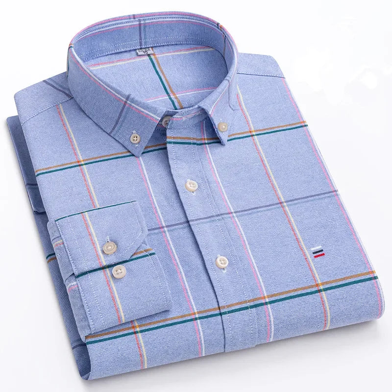 Men's 100% Cotton Smart Casual Shirt Long Sleeve Plaid Oxford Casual Solid Color Print Regular Fit Dress Shirt Oversized  6XL