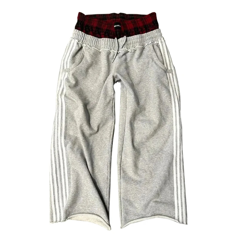 Y2K Retro Pants Harajuku Double Embroidered Waist Sweatpants Hip Hop Goth Clothes Fashion Wide Leg Baggy Pants Streetwear Unisex