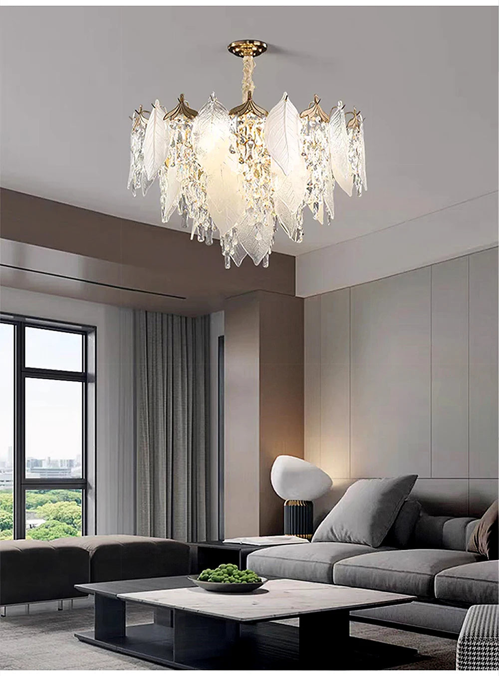 Luxury Porcelain Glass Leaves Chandelier Modern Crystal Hanging Lamps Home Decor Lighting Lustre Villa Living Room Pendant Light