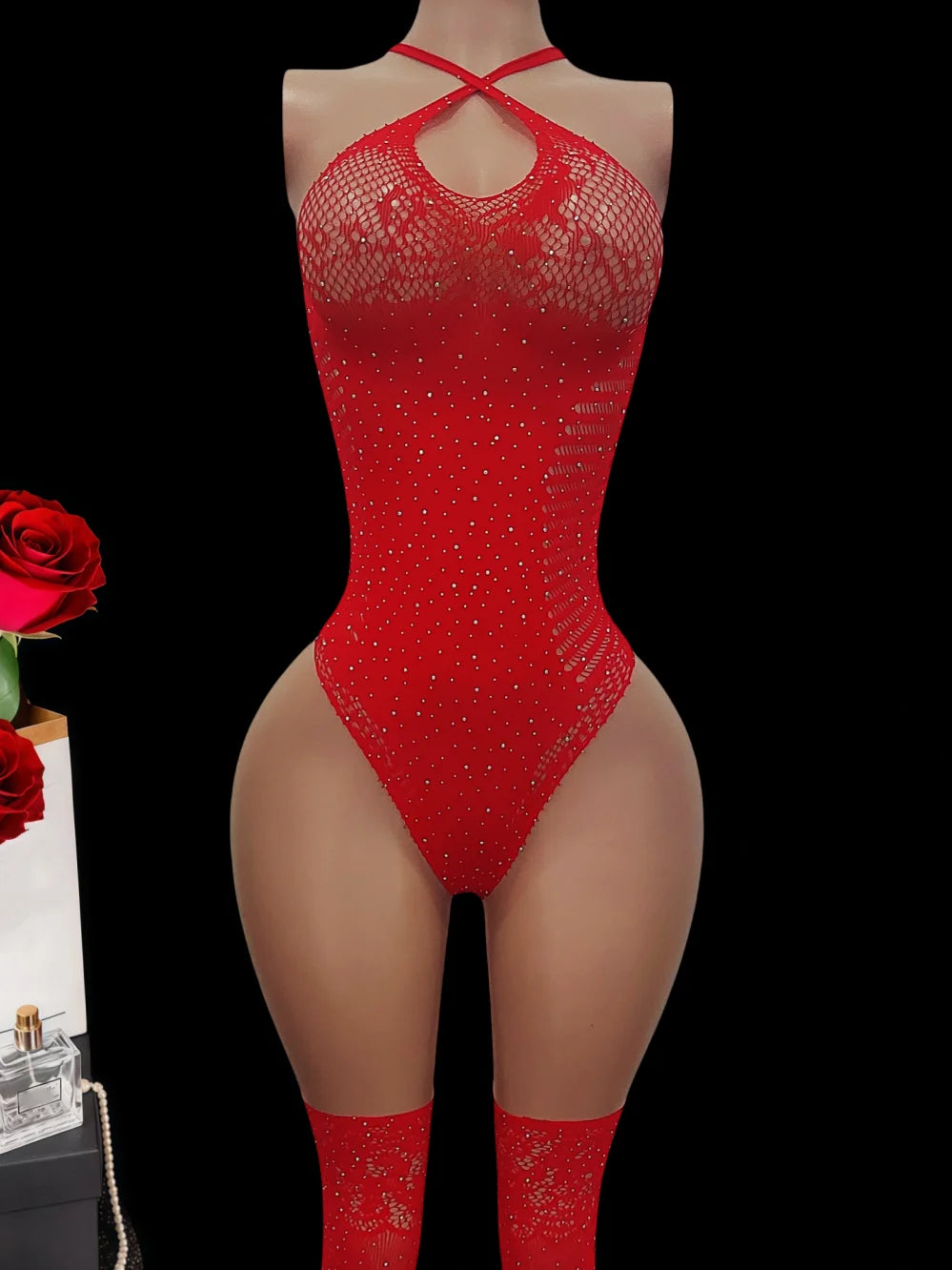 Sexy lingerie hot women red Elastic tight fitting rhinestone teddy and stockings underwear sets intimate nightgown