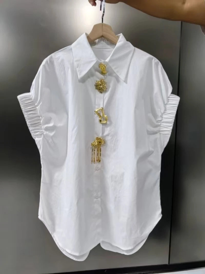 Luxury Design Removable Sequins Blouses Shirts Women 2026 Summer Trend Short Sleeve Black White Tops for Women рубашка женская