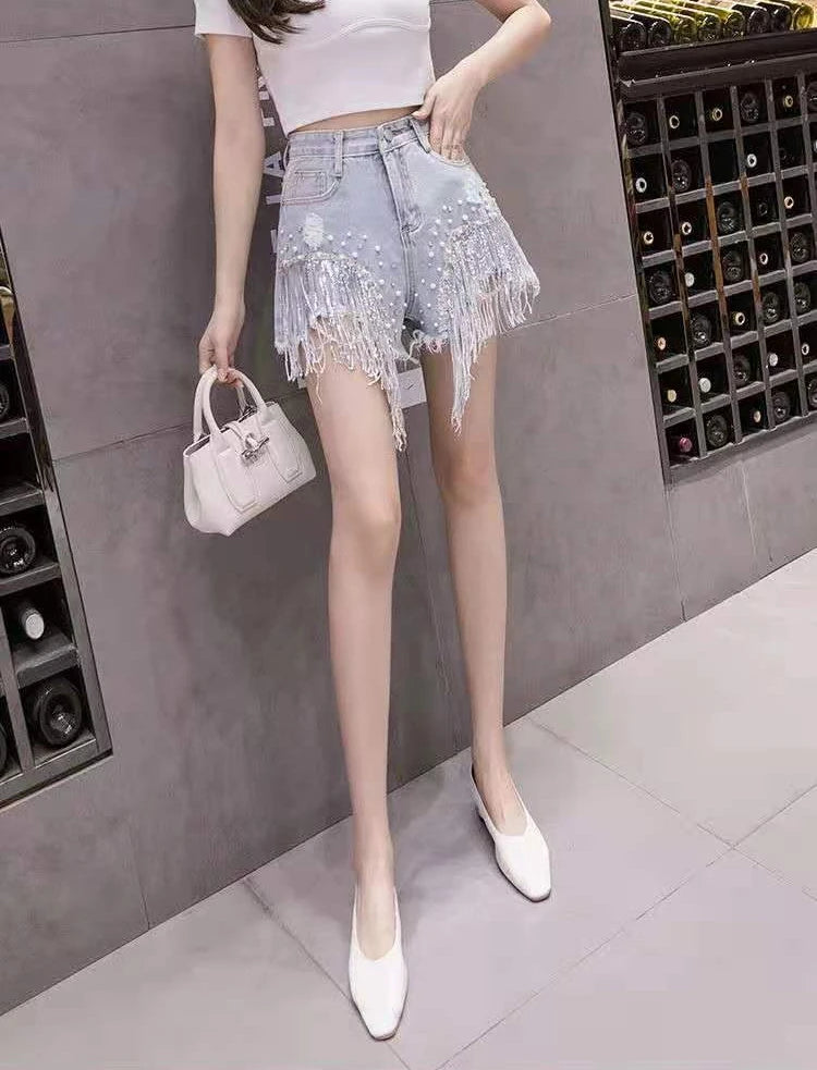 2026 Stylish High Waist Denim Shorts Women's Crystal Studded Fringe Detailed Craftsmanship Summer Fashion Shorts
