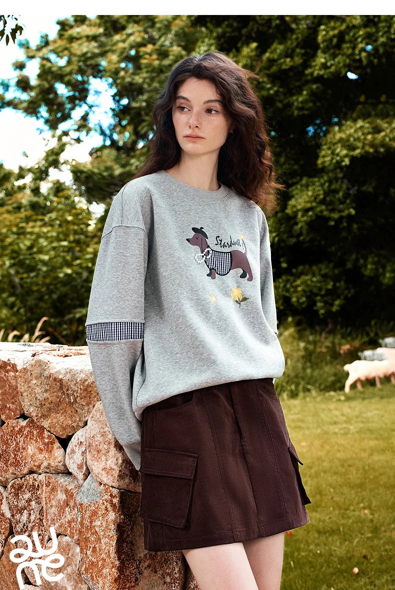 TOYOUTH Women's Sweatshirt 2026 Autumn New Loose Deconstructed Faux Two-Piece Plaid Dachshund Print Vintage Pullover Top