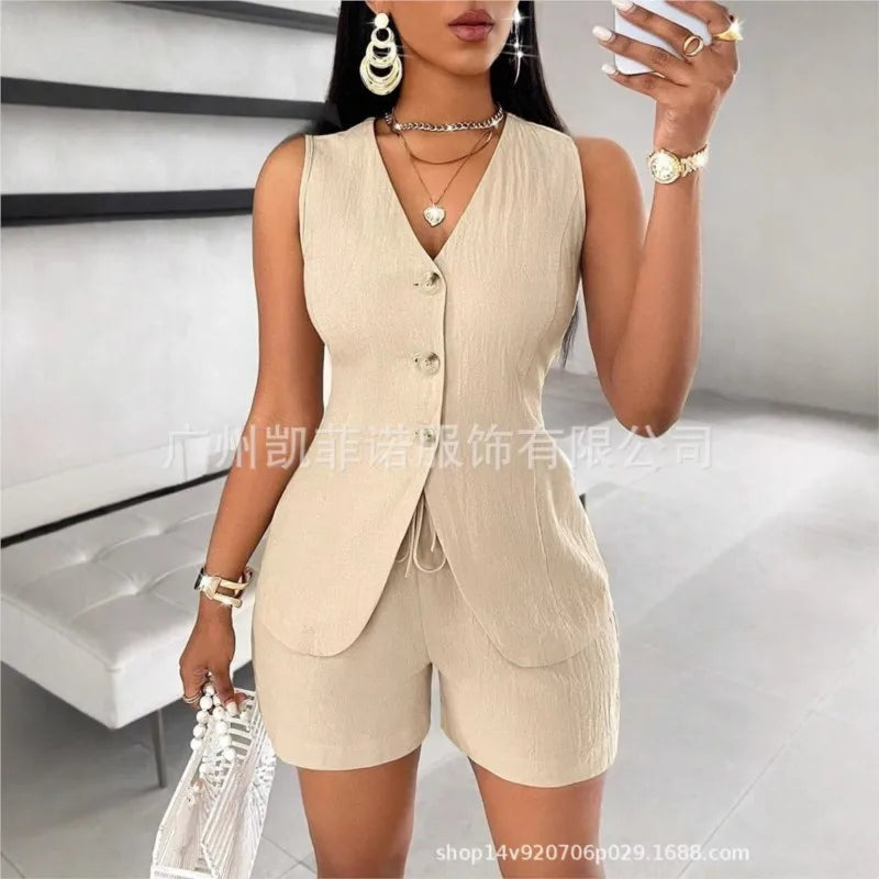 Women Fashion Casual Shorts Set Summer Vest Top Button Solid 2 Pieces Set Lace-up Pant Suits Womens Clothing Office Holiday 2025