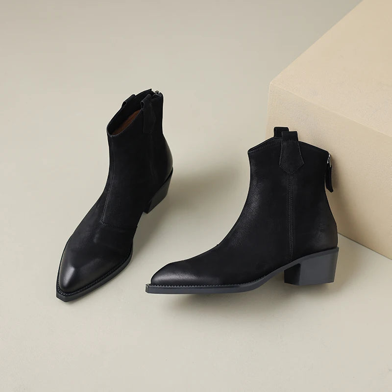 Fashion Short Boots Autumn Winter Basic Women Ankle Boots Genuine Leather Thick Heels Pointed Toe Mature New Arrival Boots Women