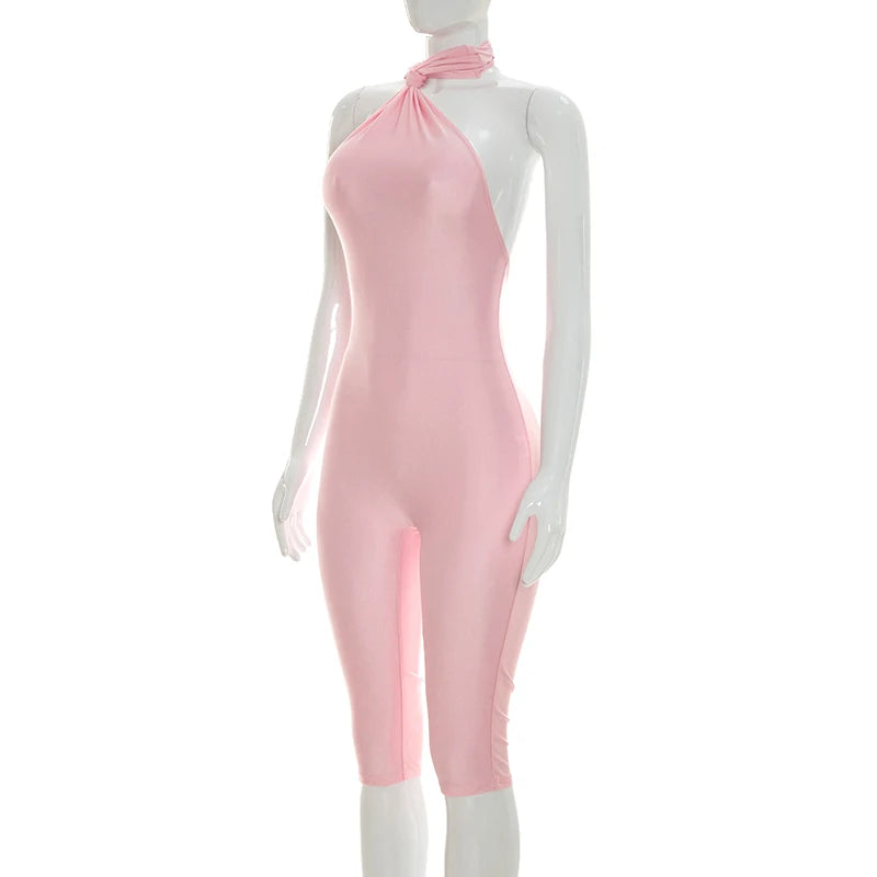 Women Fashion Overalls Playsuits Beach Vacation Clubwear Sexy Backless Ruched Halter Neck Tie Solid Slim Fit Capris Jumpsuit