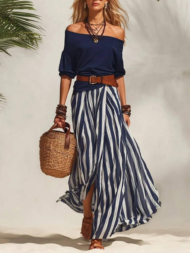 Women Multiple Colors Off Shoulder Puff Sleeve Top Vertical Stripe Flowy Maxi Skirt 2 Piece Outfit Loose Casual Vacation Set