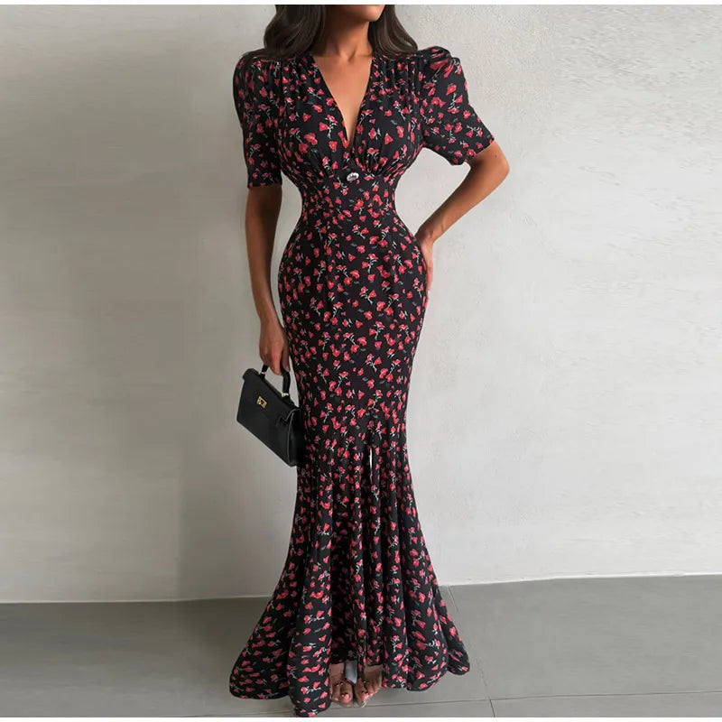Slim Printed Waist-cinching Fishtail Dress 2026 Summer New Ladies Sexy V-neck Short Sleeve Split Long Robes Women's Party Gowns