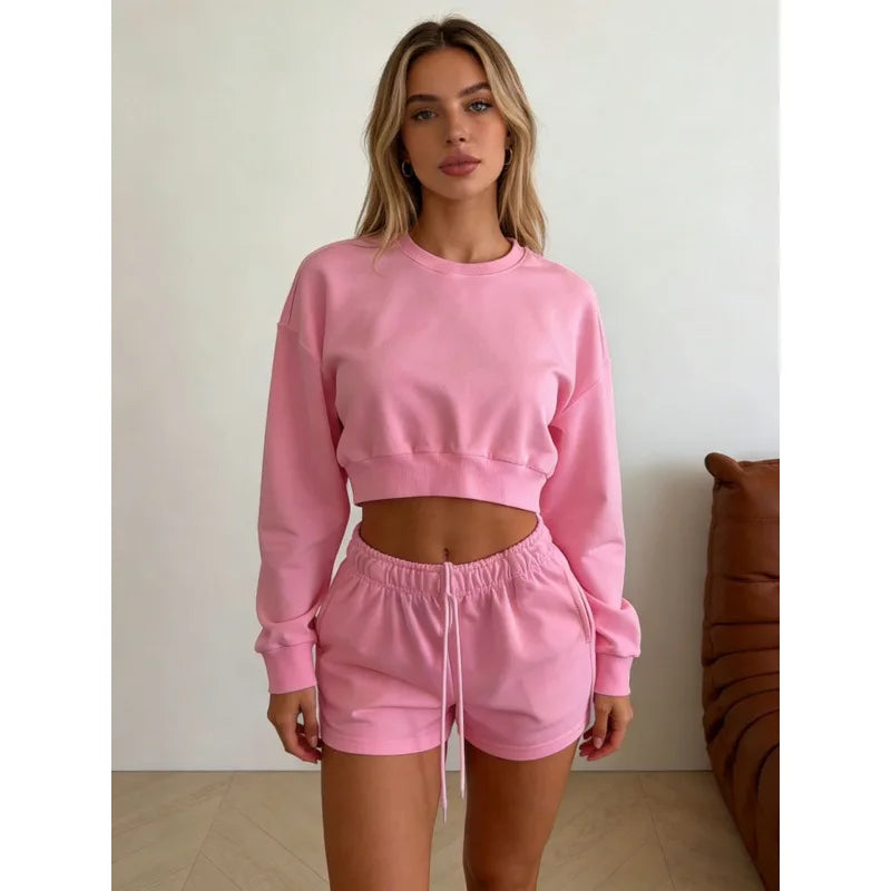 Women's Round-Neck Long-Sleeved Loose Couple Hoodie Set, Solid Color and Simple