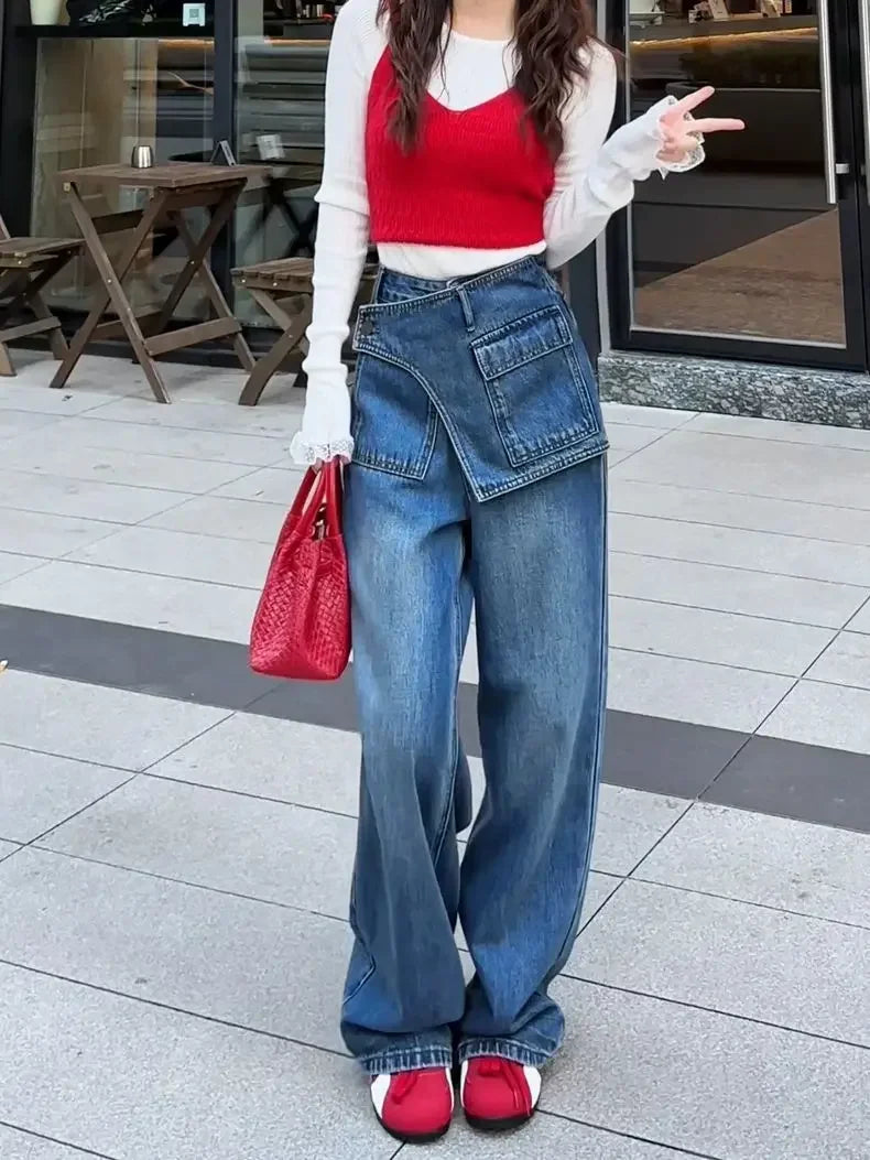 Fake Two-piece Retro High-waisted Wide-leg Jeans Women's Autumn New Loose and Thin Casual Straight-leg Floor Pants