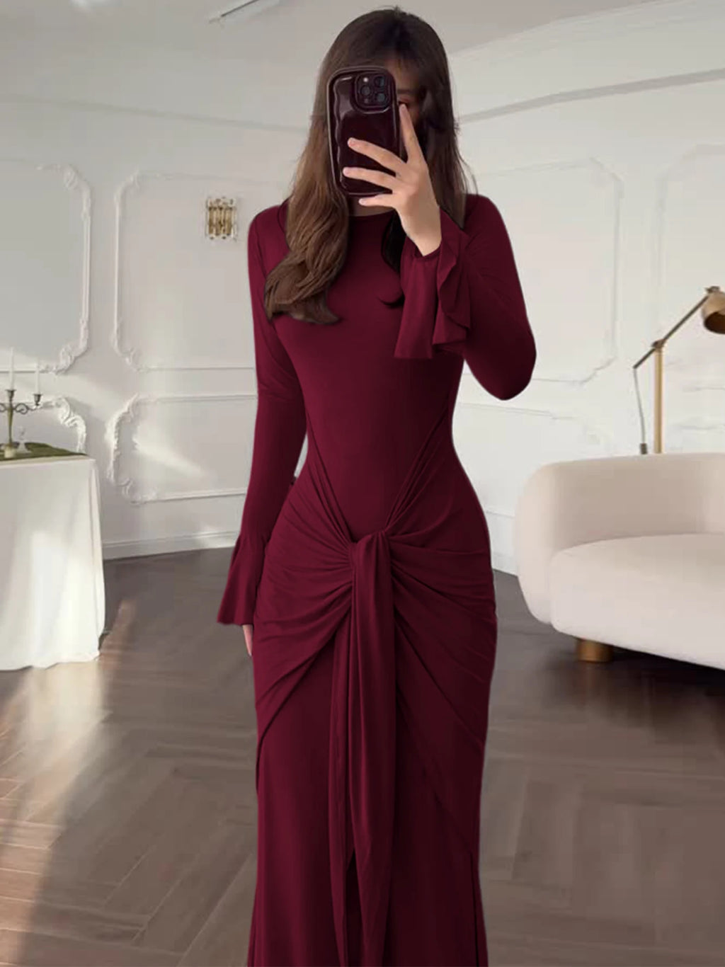 Dulzura O-Neck Long Flare Sleeve Ruched Lace Up Slim Long Dress Women'S Fashion Elegant Clothes Party Club Street Autumn Outfit