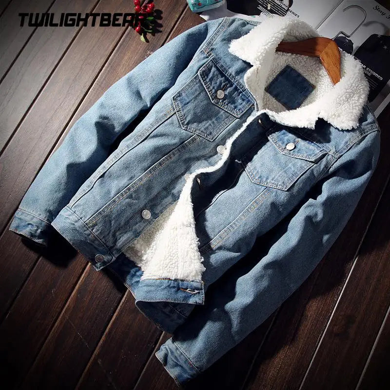 Winter Men's Denim Jacket 6XL Oversized Fur Coat Warm Thicken Highstreet Casual Cowboy Jacket Men Clothing Overcoat