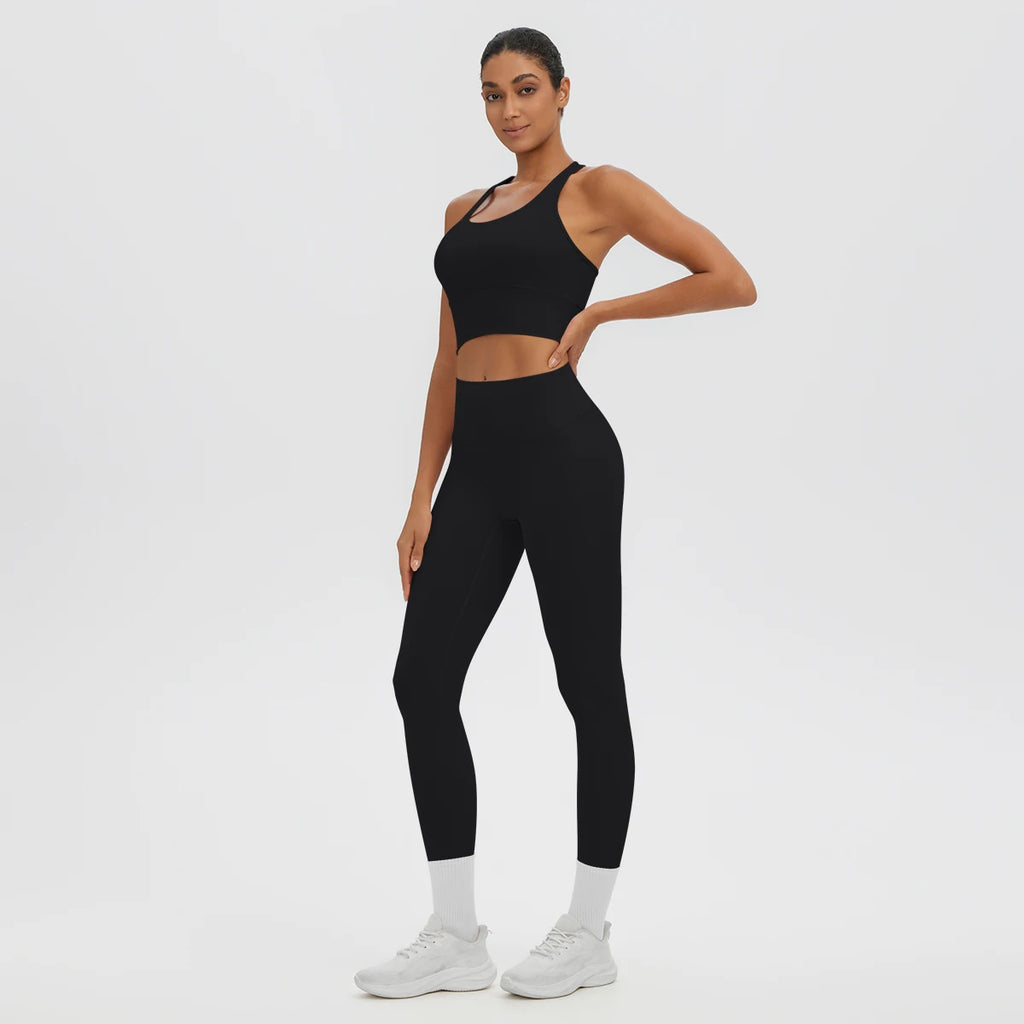 2PCS/set Gym Sports Yoga Suit for Women's Solid Color High Stretch Quick Drying Legging Yoga Pants Gather I-shaped Vest Yoga Set