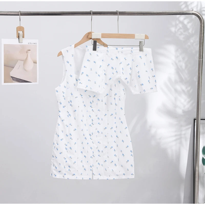 Elegant Printed Women's Dress Sleeveless Square Collar Waist-Closed Lady Mini Dresses With Waist Tape 2026 Summer Robe New