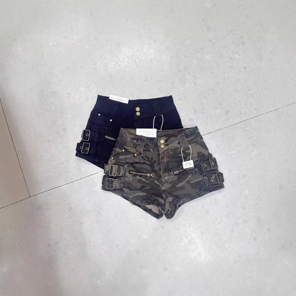 American High Street Camo Cargo Denim Shorts Women High Waist Hip Lifting Fashion Casual Hot Pants