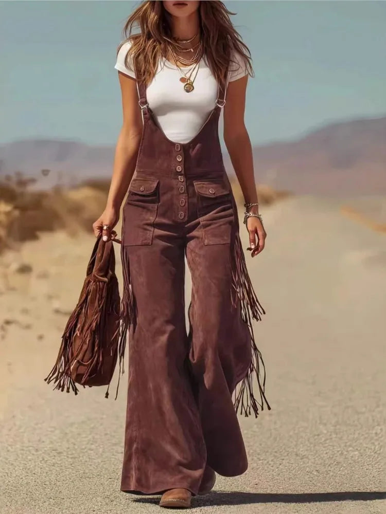 Women's Fashion Retro Western Tassel Wide Leg Jumpsuit 2026 New Casual Pocket Straps Female All-Match Rompers