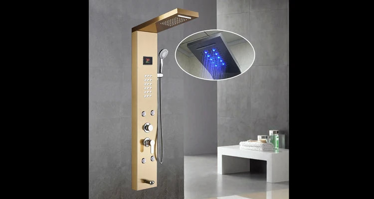 Luxury Black Color Thermostatic Led Rain Shower Head Bathroom Stainless Steel Wall Mounted Waterfall Shower Panels