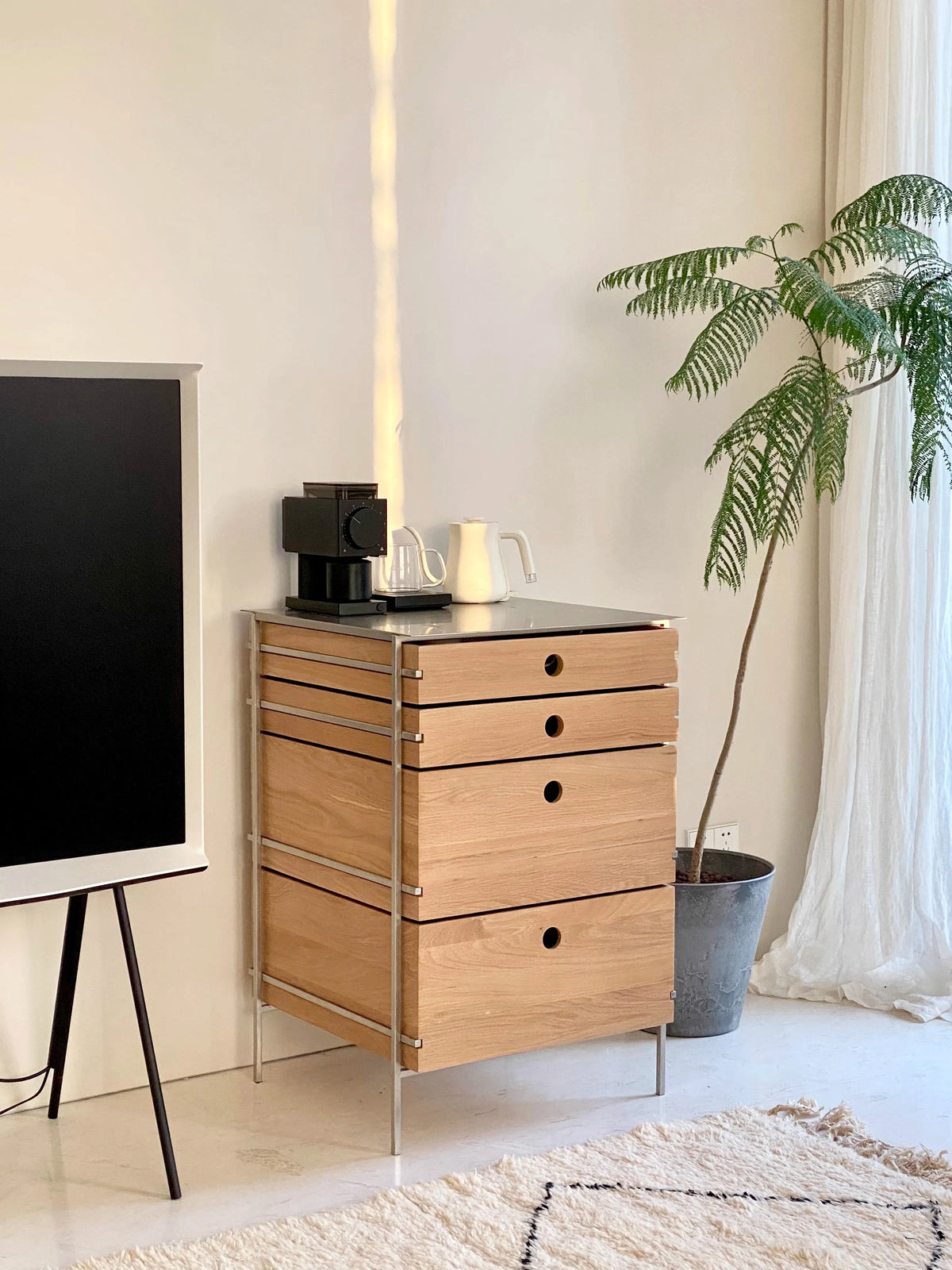 X Nordic Original Oak Chest Cabinet, Log Dining Side Storage Cabinet, Minimalist Stainless Steel Multi-functional Cabinet