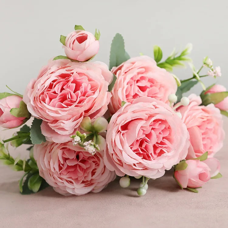 30cm Rose Pink Silk Peony Artificial Flowers Bouquet 5 Big Head and 4 Bud Cheap Fake Flowers for Home Wedding Decoration indoor