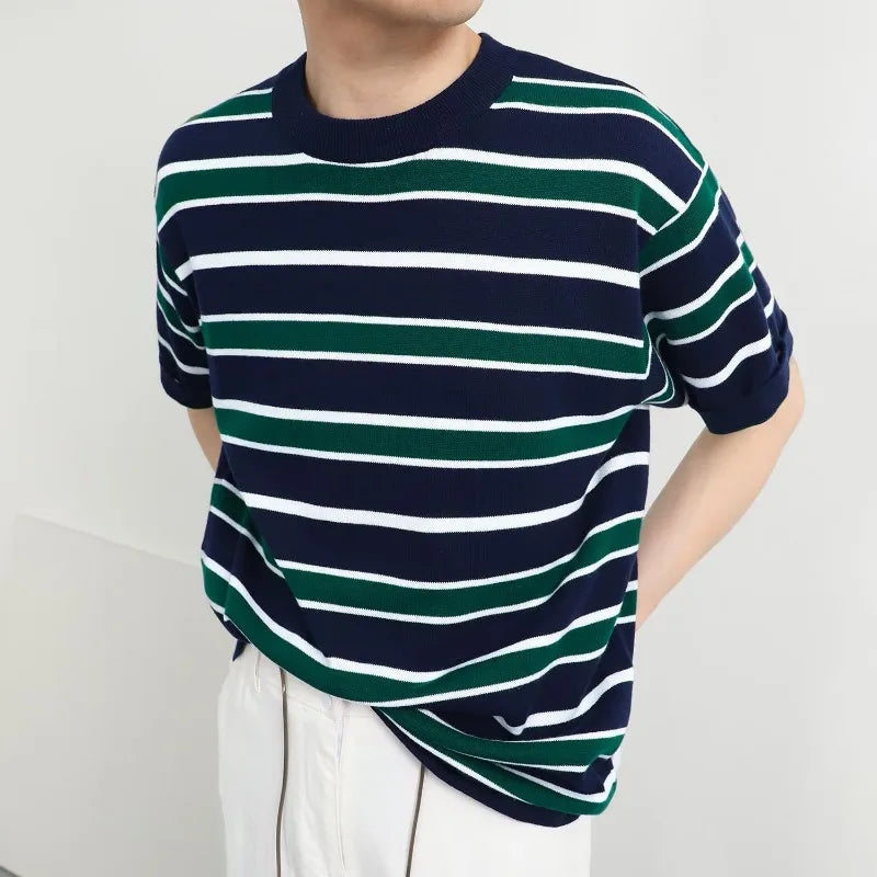 Retro American Casual Short-sleeved T-shirt for Men Round Neck Short-sleeved T-shirt Base Shirt for Summer New Stripes for Men