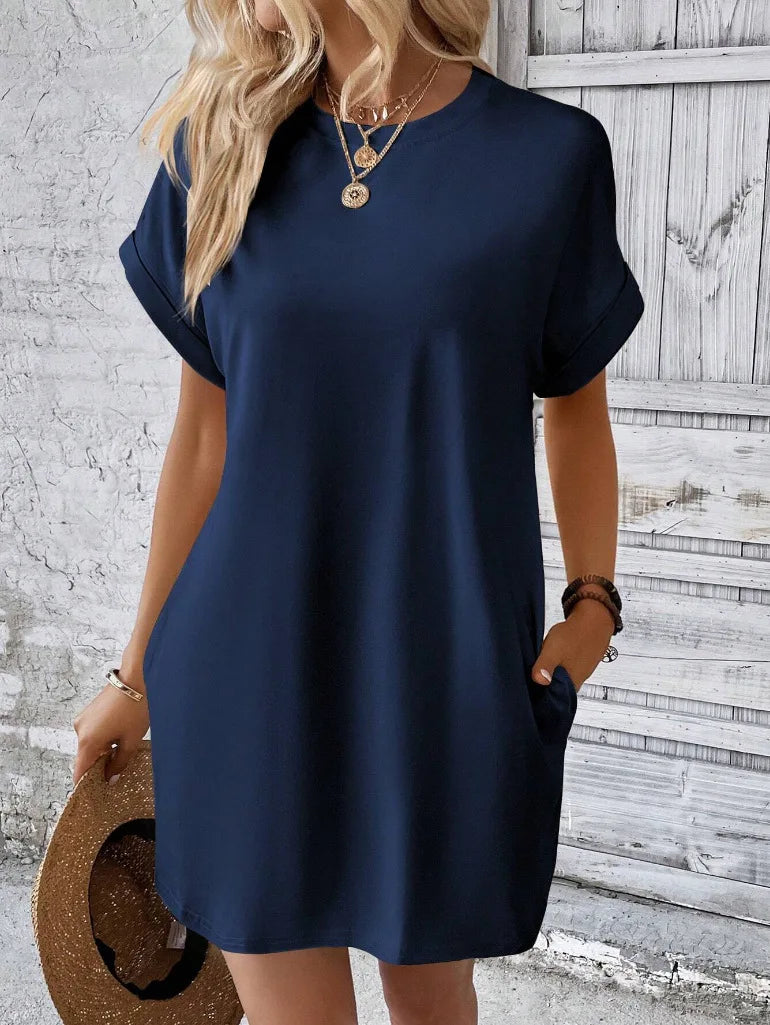 New women's spring and summer fashionable temperament casual commuting solid color round neck loose short sleeved pocket dress