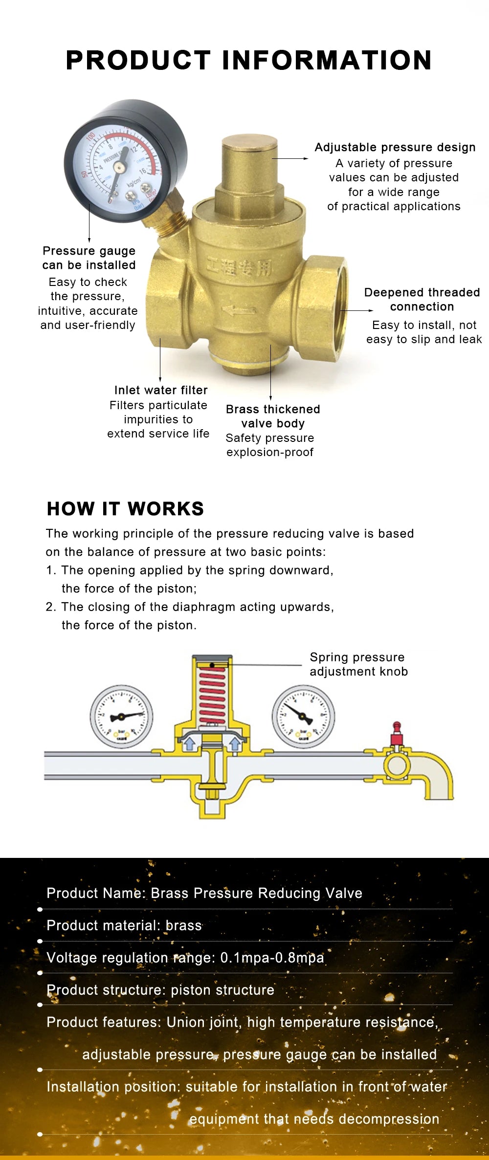 DN15 DN20 DN25 Brass Water Pressure Reducing Maintaining Valve 1/2" 3/4" 1" Adjustable Relief Valve With Gauge Meter
