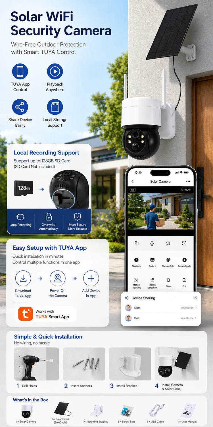 Solar WiFi Camera 3MP TUYA Smart Outdoor PTZ Security Camera Solar Powered 2-Way Audio Full Color Night Vision PIR Alerts IP66