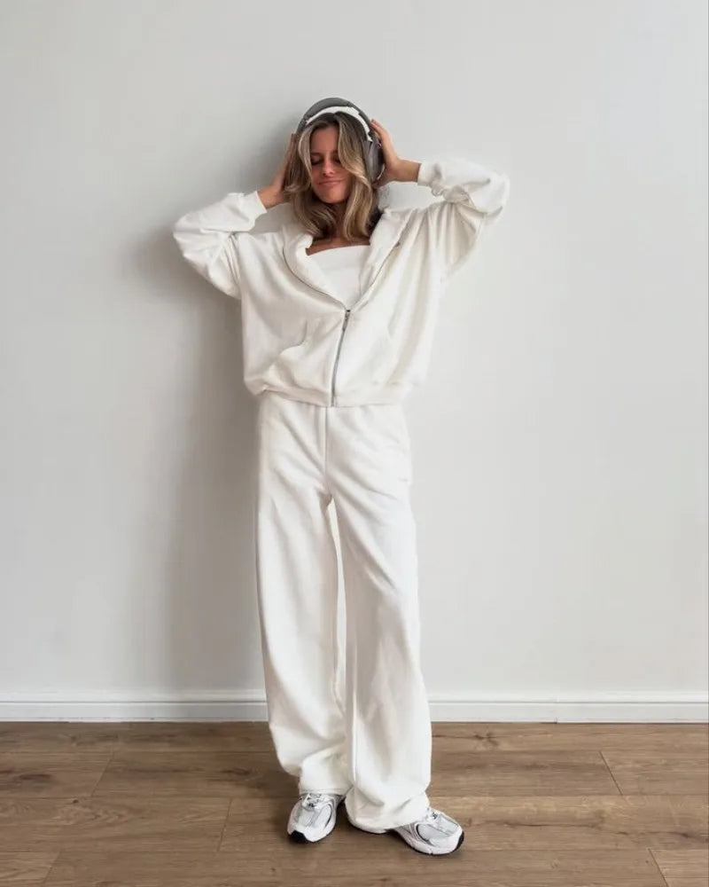 Women's Casual Suit Solid Color Long Sleeve Hooded Cardigan Pocket Sweater Elastic Pants Two-piece Set