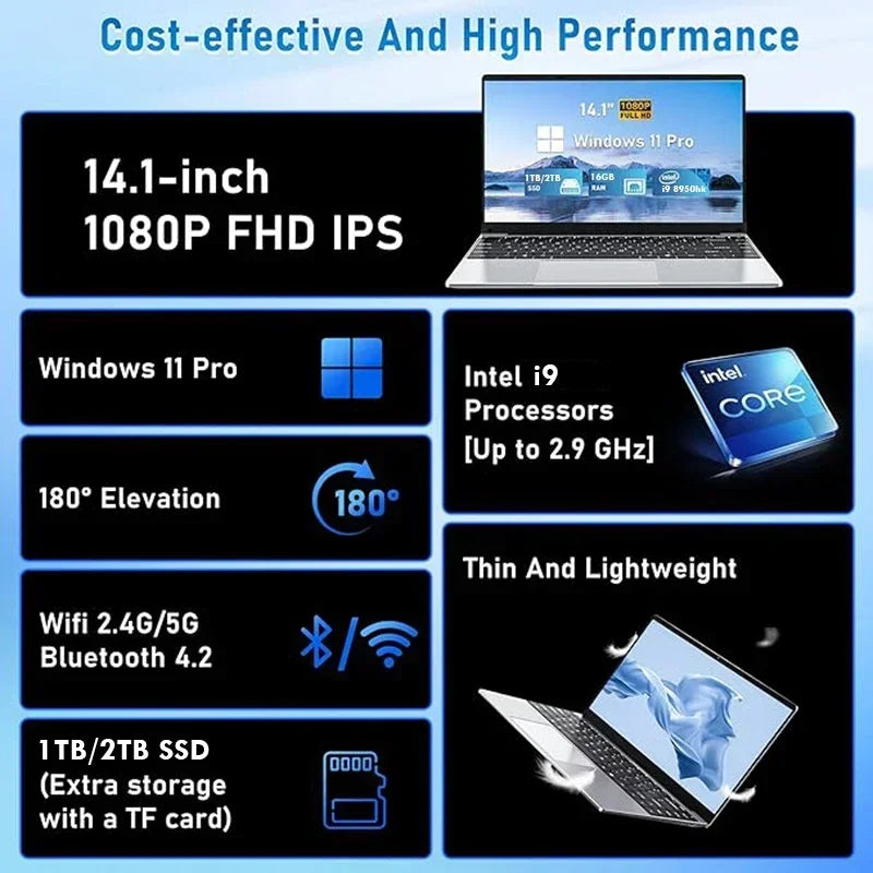 2026 New Portable Notebook Windows 11 14.1 Inch Gaming Computer PC Gamer Intel Core I9 10980HK Laptops I9 Study Work PC