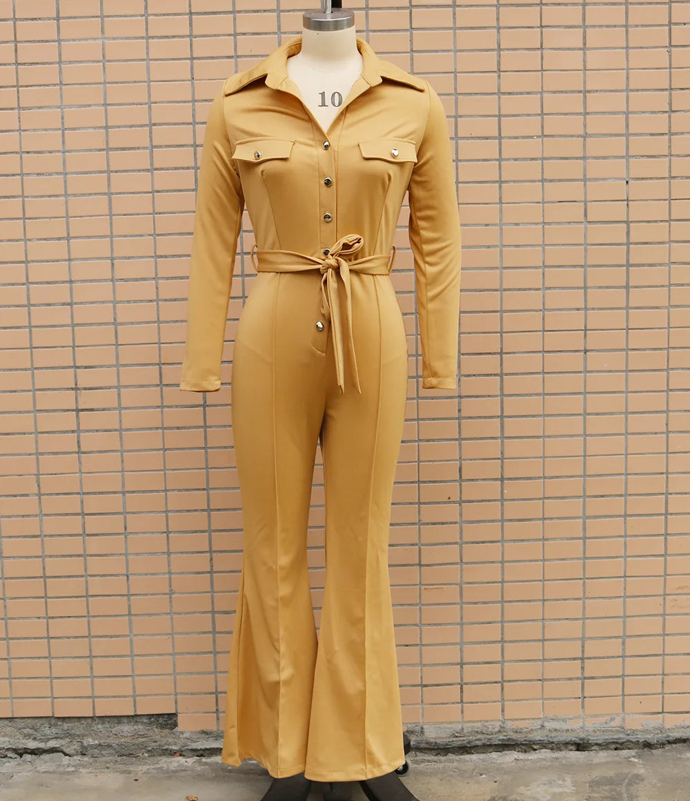 Jumpsuit Women 2023 Autumn Fashion Button Casual Turn-Down Collar Long Sleeve Skinny Bootcut Jumpsuit with Belt Y2K Streetwear