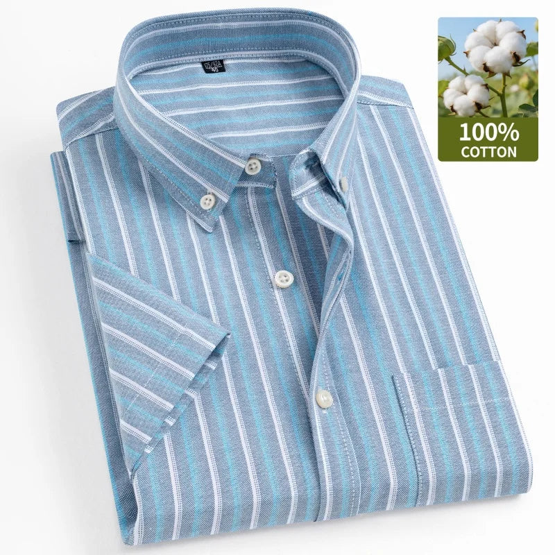 New 100% Cotton Oxford Men's Shirts Short Sleeve Plaid Soft Regular Fit Formal Dress Shirt Social Blouse Male Clothes 6XL 7XL