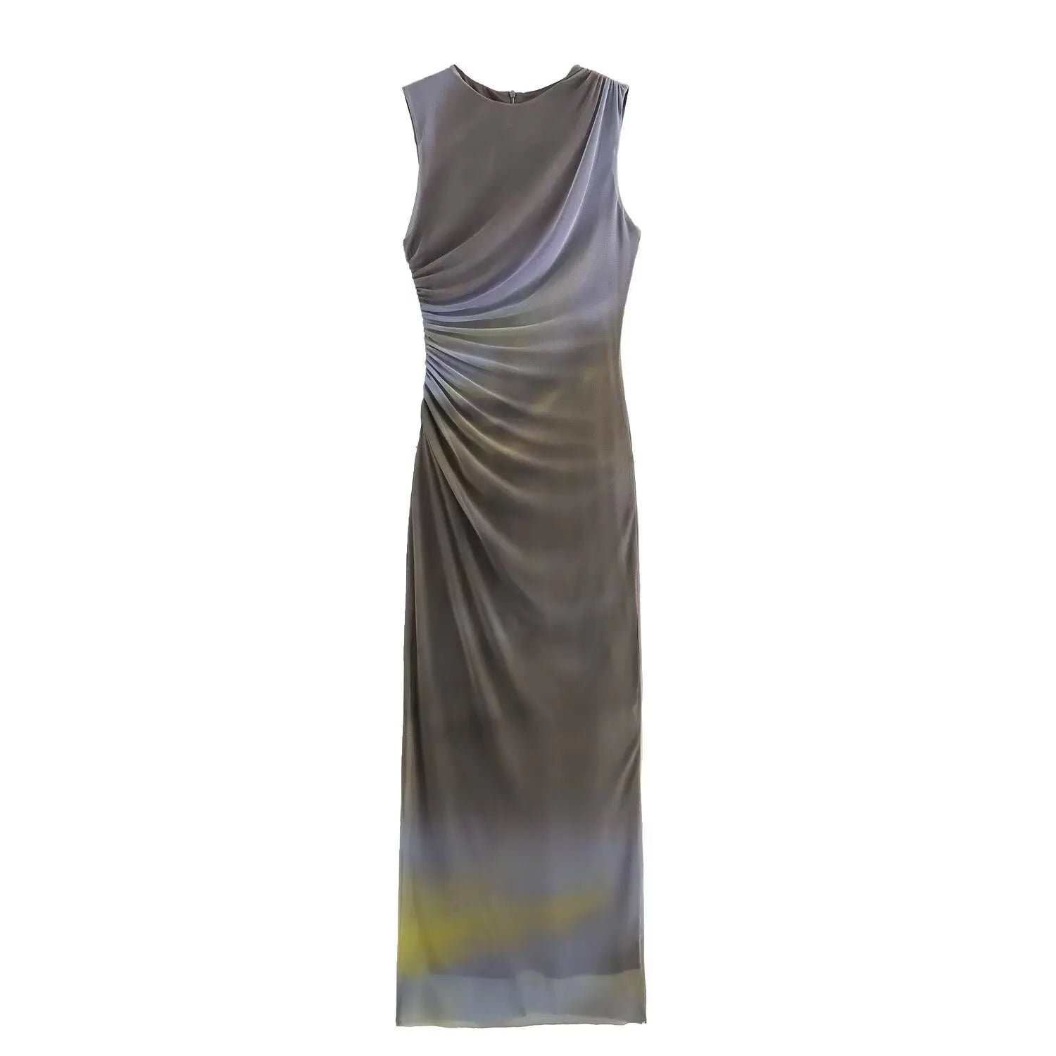 BSAY Women Fashion Summer New White Pleated Back Zip Sleeveless Crewneck Vest Long Dress Chic Female Elegant Evening