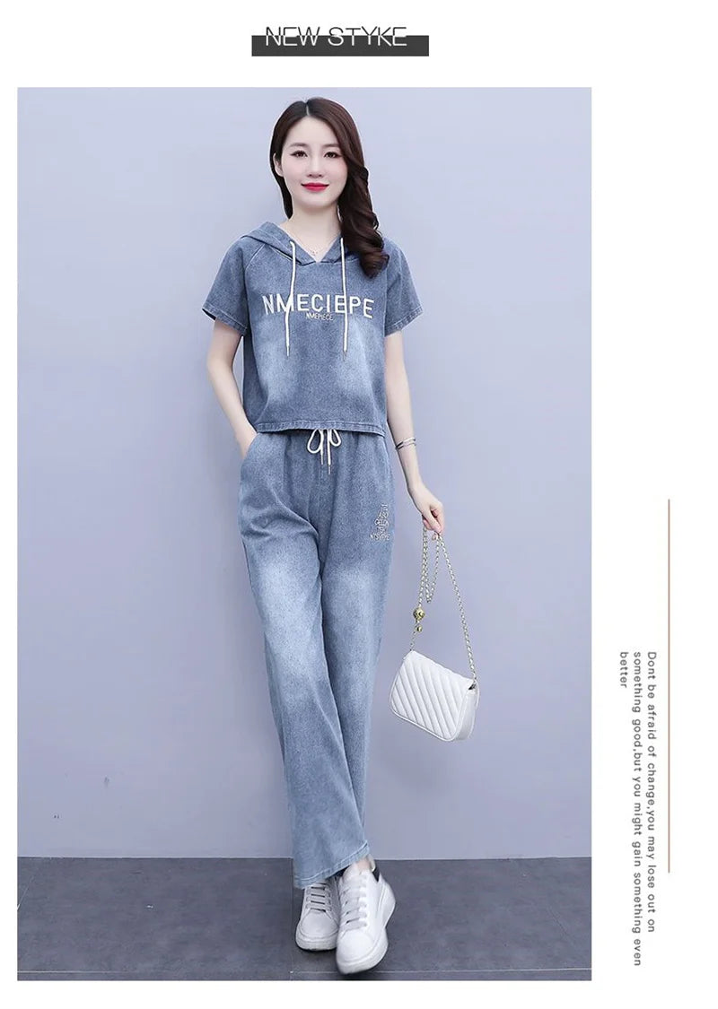 Summer Thin Jeans Set Women Fashion Short Sleeve Hooded Pullover Tops + Elastic Waist Wide Leg Pants 2PCS Female Denim Outfit