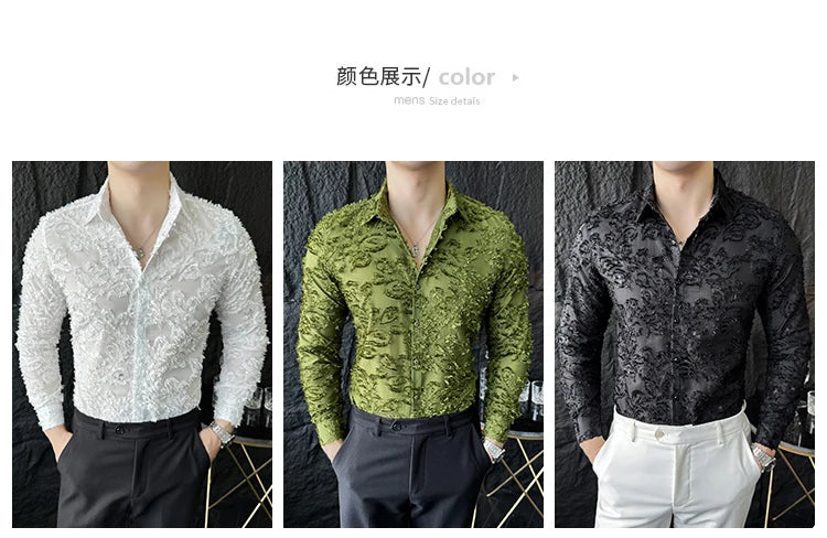 Tassels Shirts For Men Korean New Autumn Winter Long Sleeve Men's Social Shirt Slim Fit All Match Plain Color Blouse Homme 4XL-M