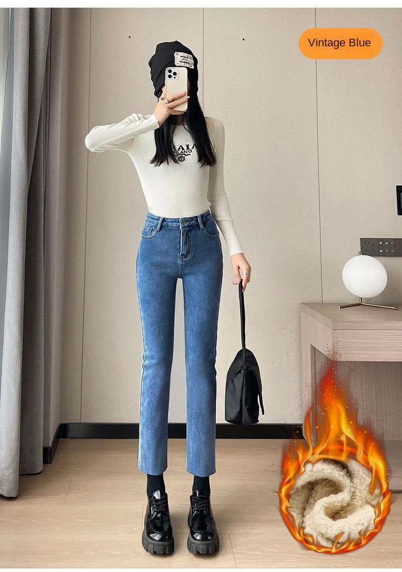 Womens Jeans Fleece Lined Thickened Winter Warm Straight Leg Loose Fit High Waist Slimming Trousers Y2k Clothes Y2k Jeans