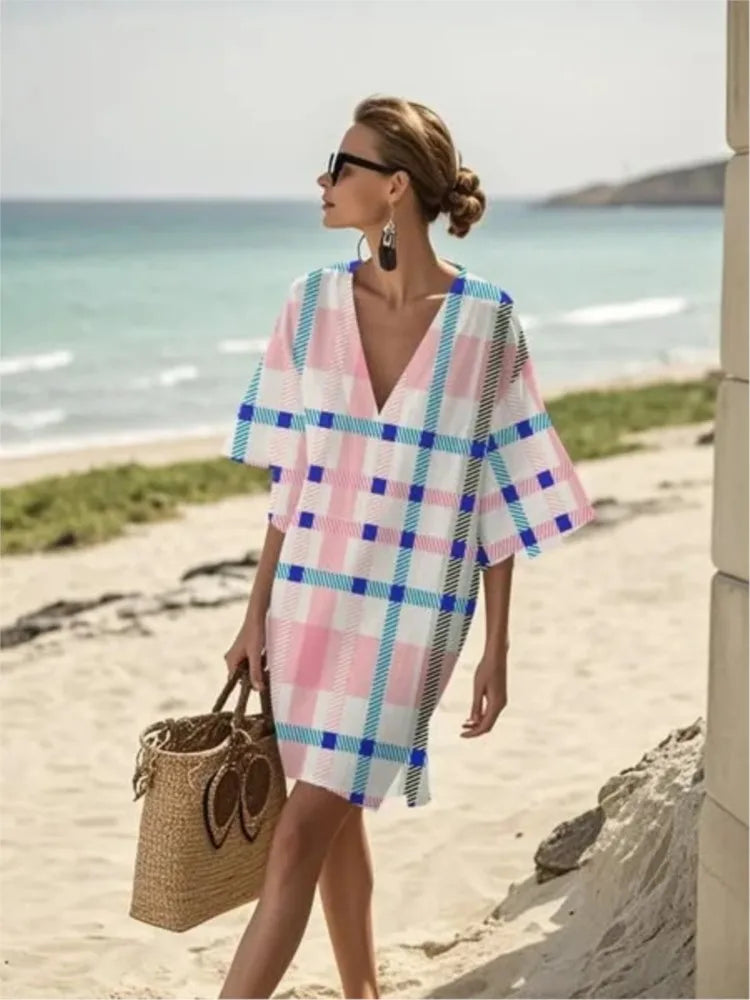 Fashion Retro Printed Short-sleeved Loose Women's Dress New Summer Style Deep V Neck Casual Seaside Vacation Female Dresses 2025