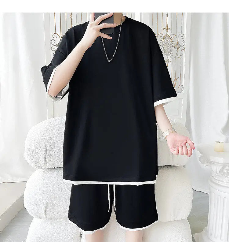 Men's Solid Color 2-Piece Outfit Short Sleeve T-Shirt & Drawstring Elastic Waist Shorts Set Casual Lounge & Streetwear Clothing