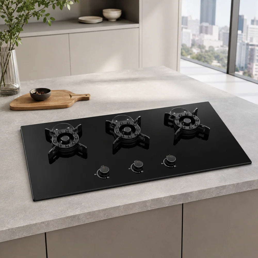 Triple Burner Gas Cooktop, Tempered Glass Surface, Rotary Knob Control, Kitchen Gas Cooker for Africa Market
