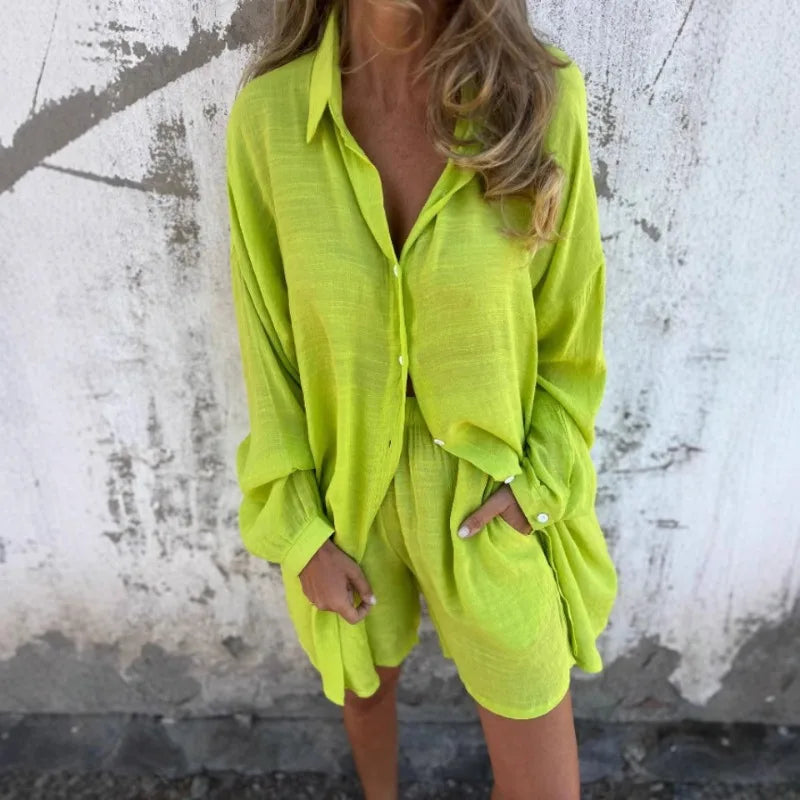 2026 Women's Casual Solid Color Cotton and Linen Shorts Long Sleeve Wrinkle Shirt Two-piece Set