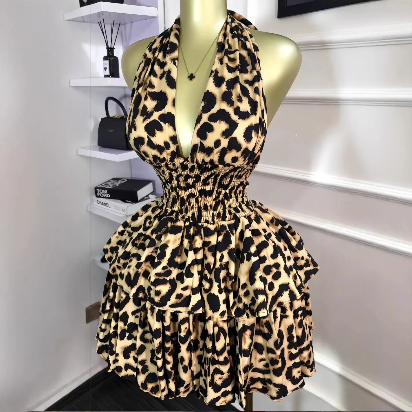 2026Elegant Women Ruffles Sexy Mini Dress Fashion Floral Print Chiffon Short Skirt Long Sleeve V Neck Hollow Out Low Cut Dresses