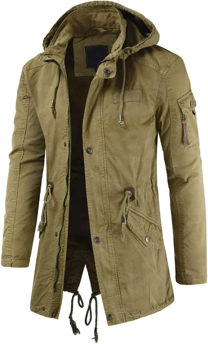 Men Long Cargo Parka Men's Spring Military Full-Zip Removable Hooded Cotton Mid-Long Parka Jacket Fleece Lined Plush Warm Coat